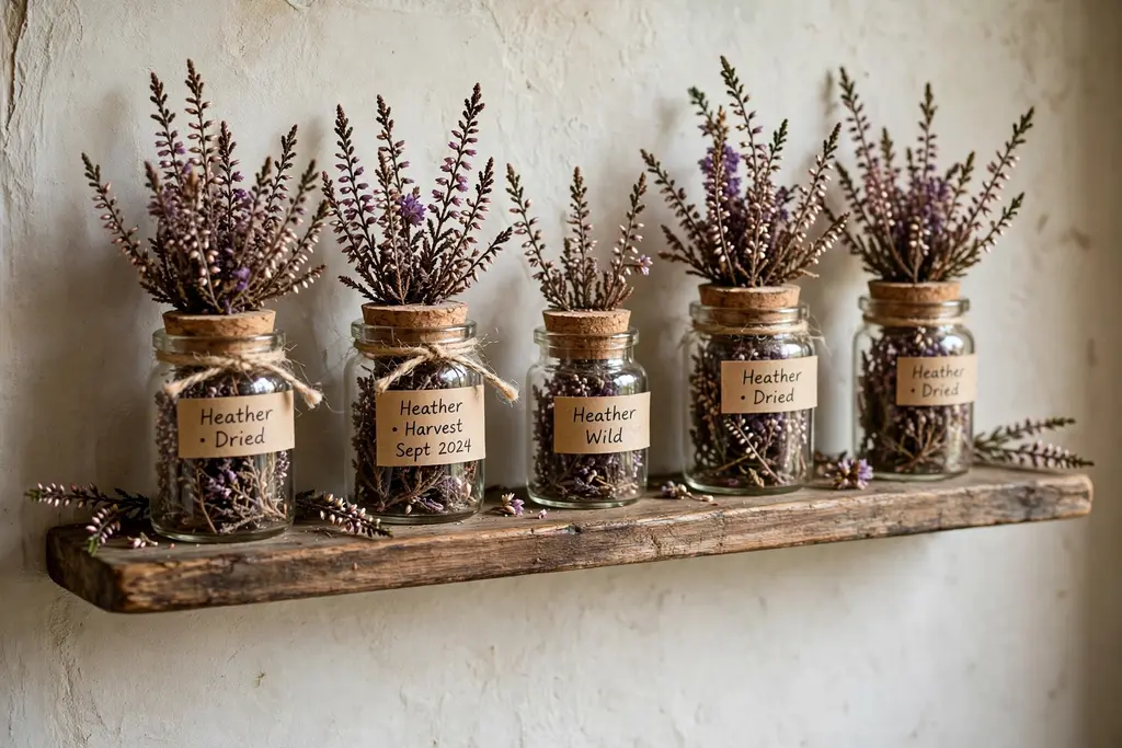 Small jars of dried heather on a narrow wooden shelf.