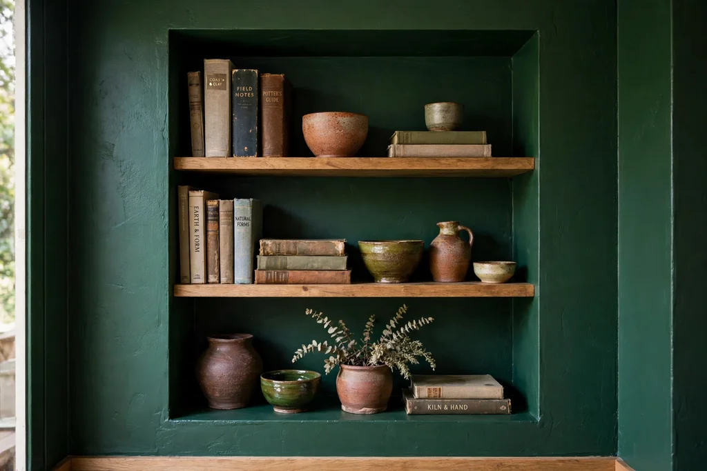 Deep green painted alcove with open wooden shelves holding books and pottery.