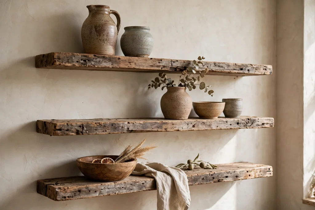 Reclaimed wood floating shelves with stoneware pottery and a wooden bowl.