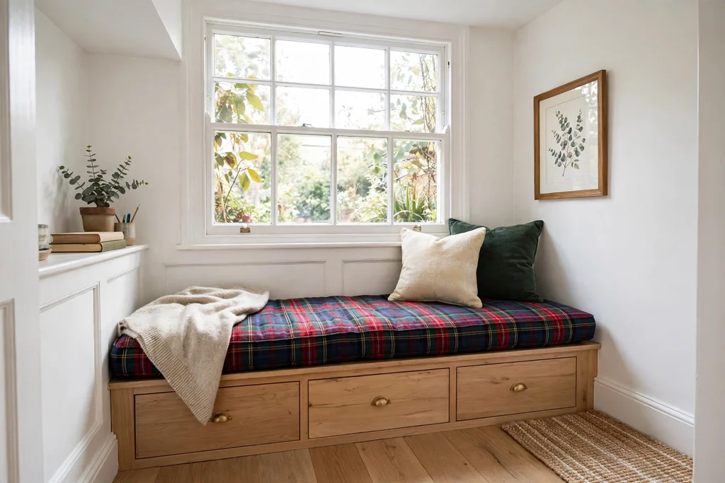 Window seat with a tartan cushion and storage below in a small bright room.