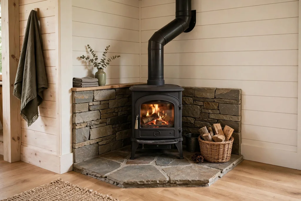 Compact stove corner with a stone hearth tile and a small log basket.