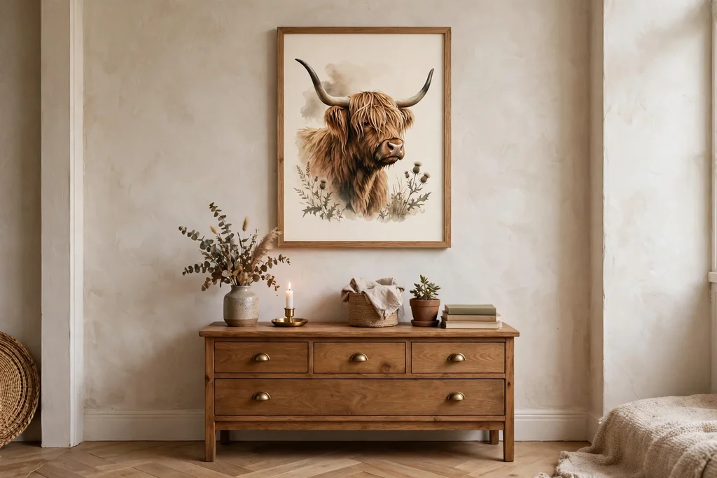 Framed Highland cow print above a small wooden sideboard.