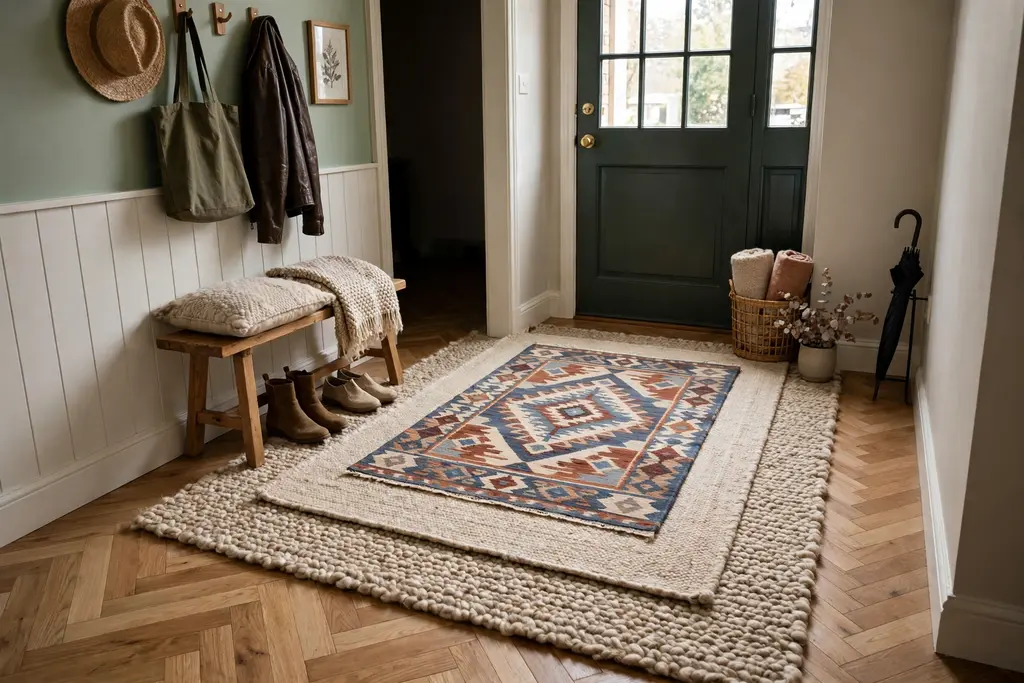 Layered wool rugs over a wood floor in a small entry hall.