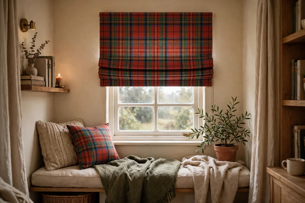 Small window with tartan Roman blinds in a cozy room.