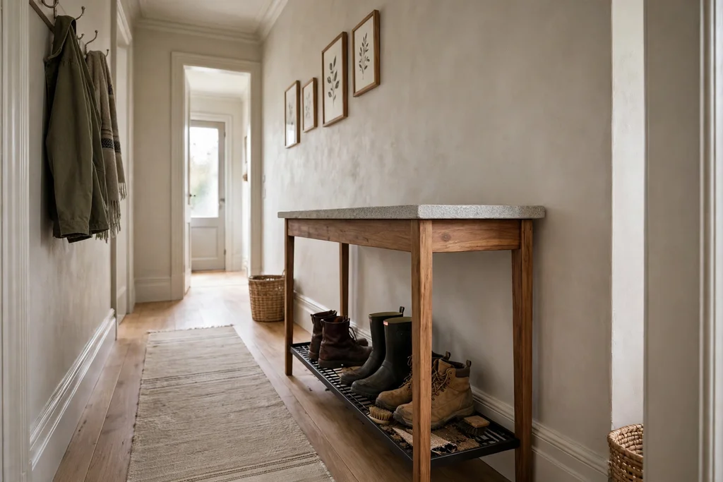 Narrow stone topped wood console with a boot tray below in a hallway.