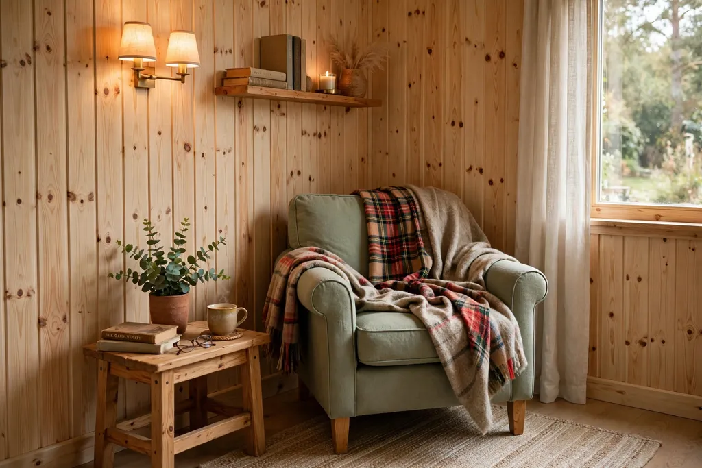 Pine panelled reading corner with an armchair and a plaid blanket.