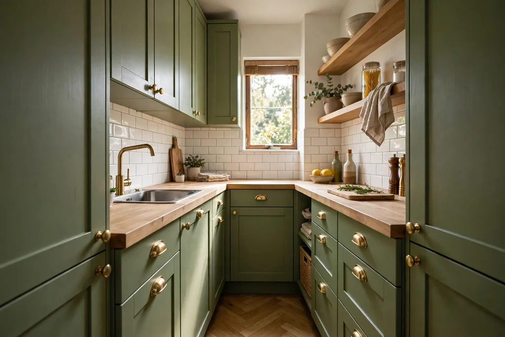Small kitchen with moss green cabinets and brass pulls.