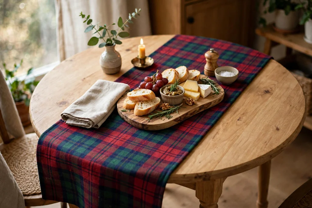 Small dining table with a tartan table runner and a wooden serving board.