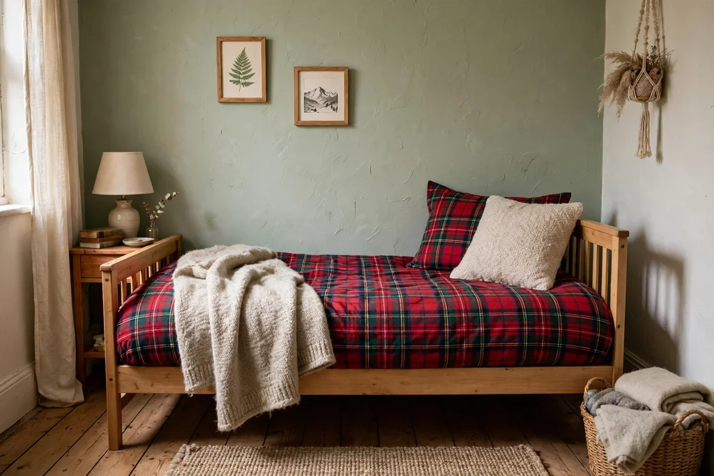 Daybed with tartan bedding and wool throw against a wall in a small bedroom.