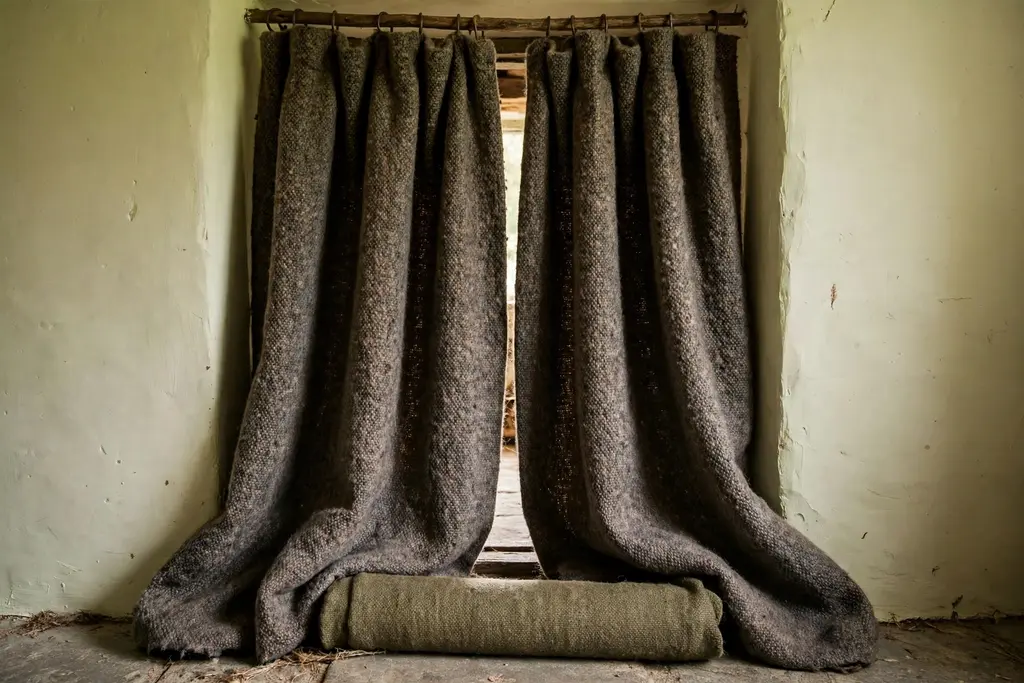 Heavy wool curtains at a small doorway with a draught excluder on the floor.
