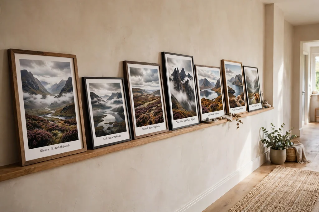 Narrow picture ledge with Highland landscape prints on a long wall.