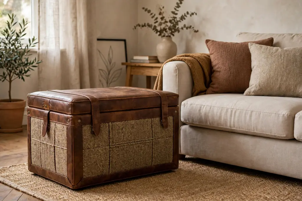 Leather and tweed storage ottoman beside a small sofa.