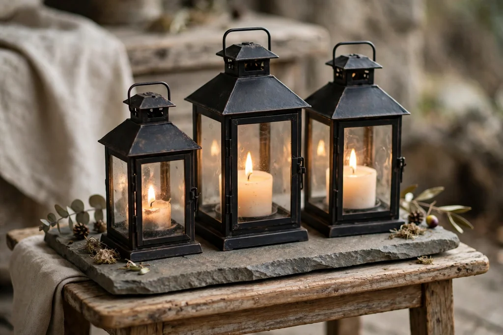 Three candle lanterns on a stone tray on a small wooden table.