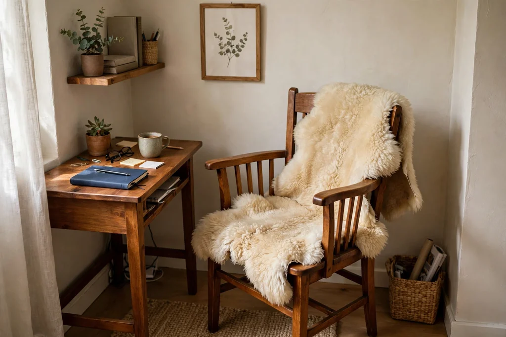 Sheepskin draped over a wooden desk chair in a small home office corner.