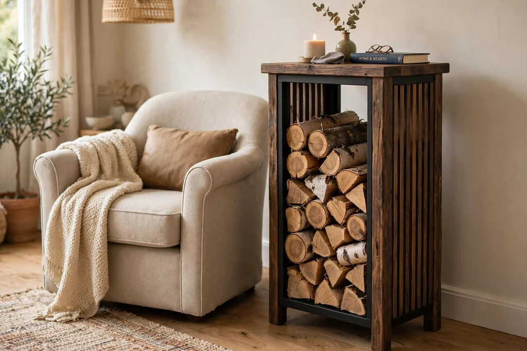 Tall narrow log store with a flat top used as a side table beside an armchair.