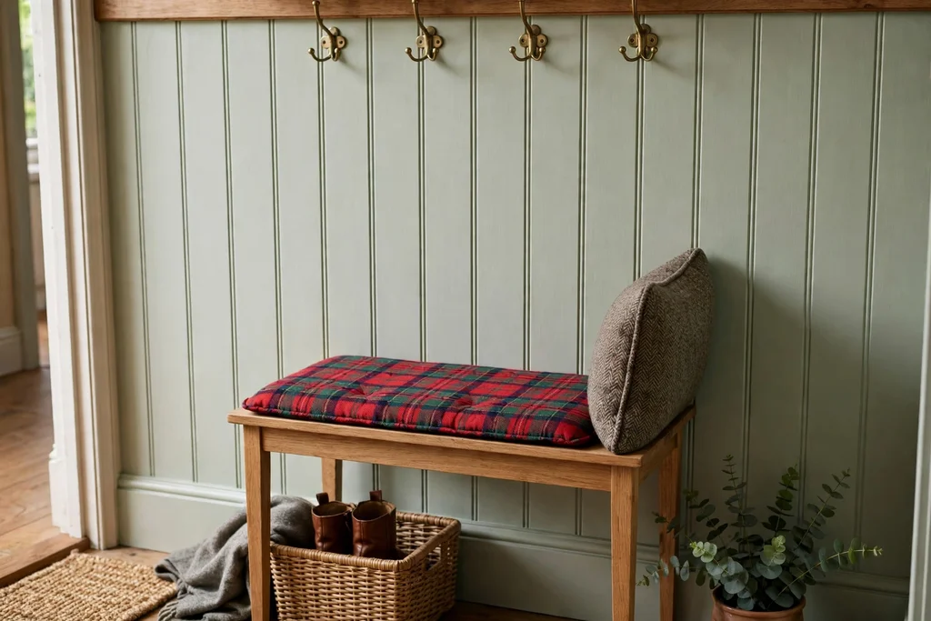Small entry bench with a tartan seat pad, tweed cushion, and hooks above.