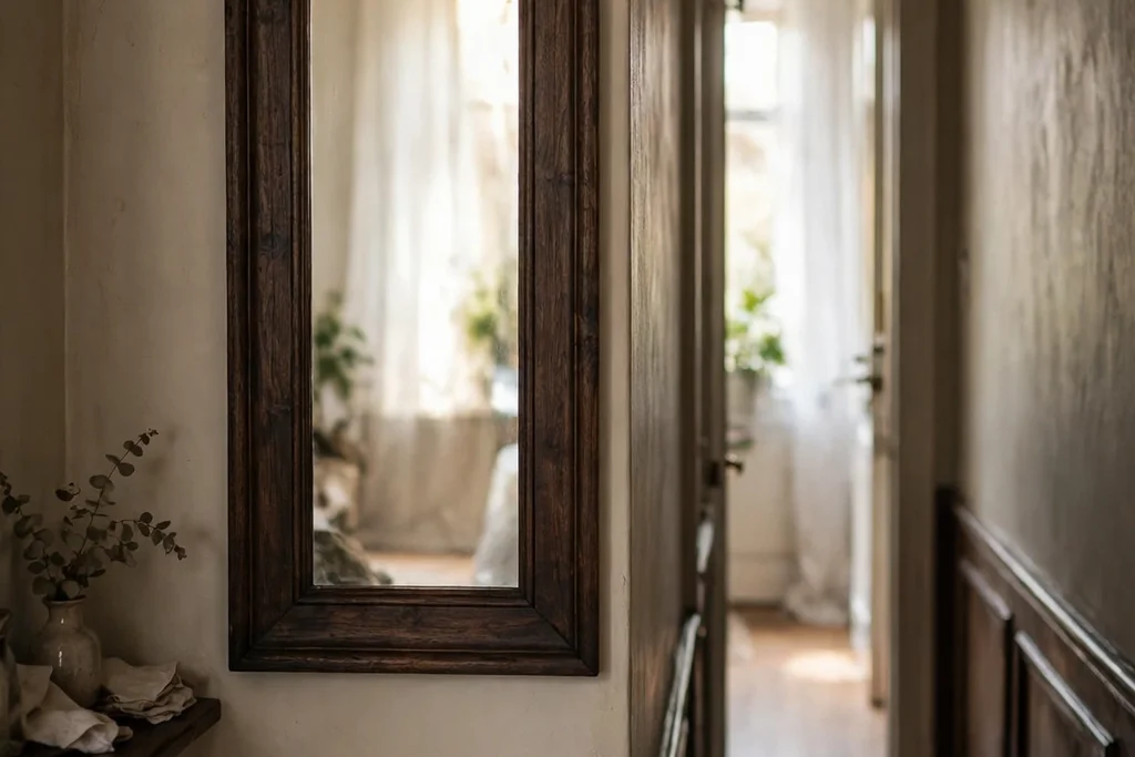 Dark wood framed mirror in a narrow hallway reflecting soft light.