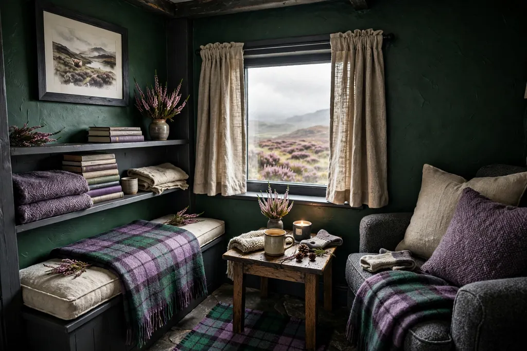 Small room in a Highland palette of deep green, heather, oat, and charcoal.