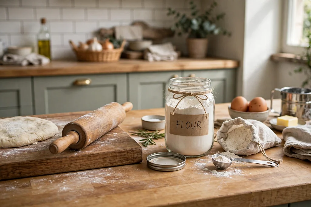 Baking station with a wood board, rolling pin, and flour jar on a worktop.