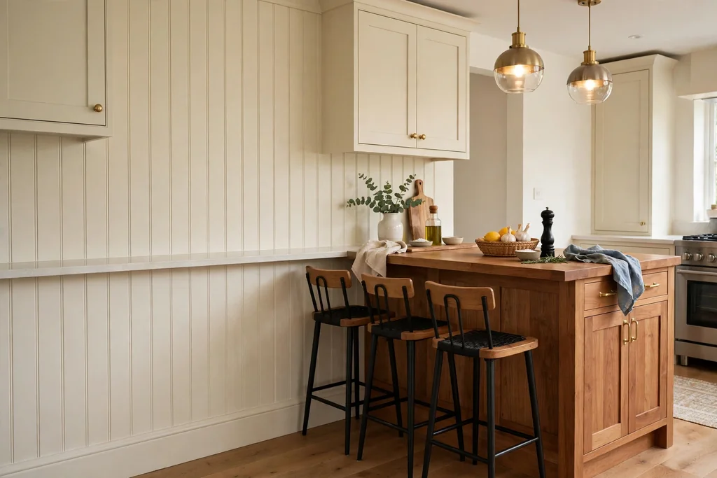 Kitchen wall panelled with painted cream beadboard beside an island.