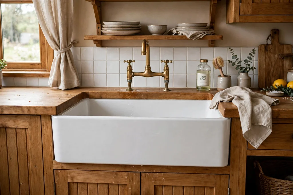 Deep Belfast sink with a brass bridge tap in a wood kitchen.