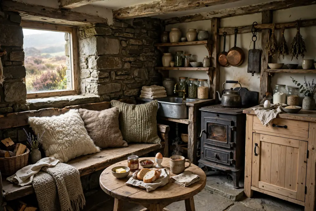 Bothy style breakfast corner with a low wood bench and round table.