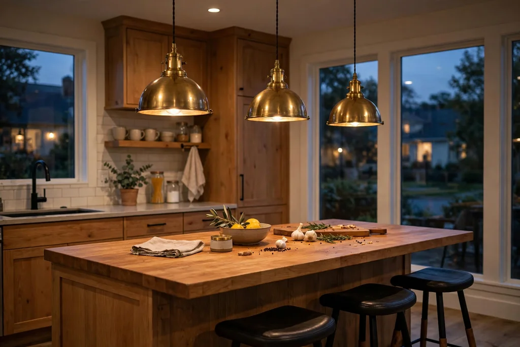 Brass pendant lights hanging over a kitchen island.