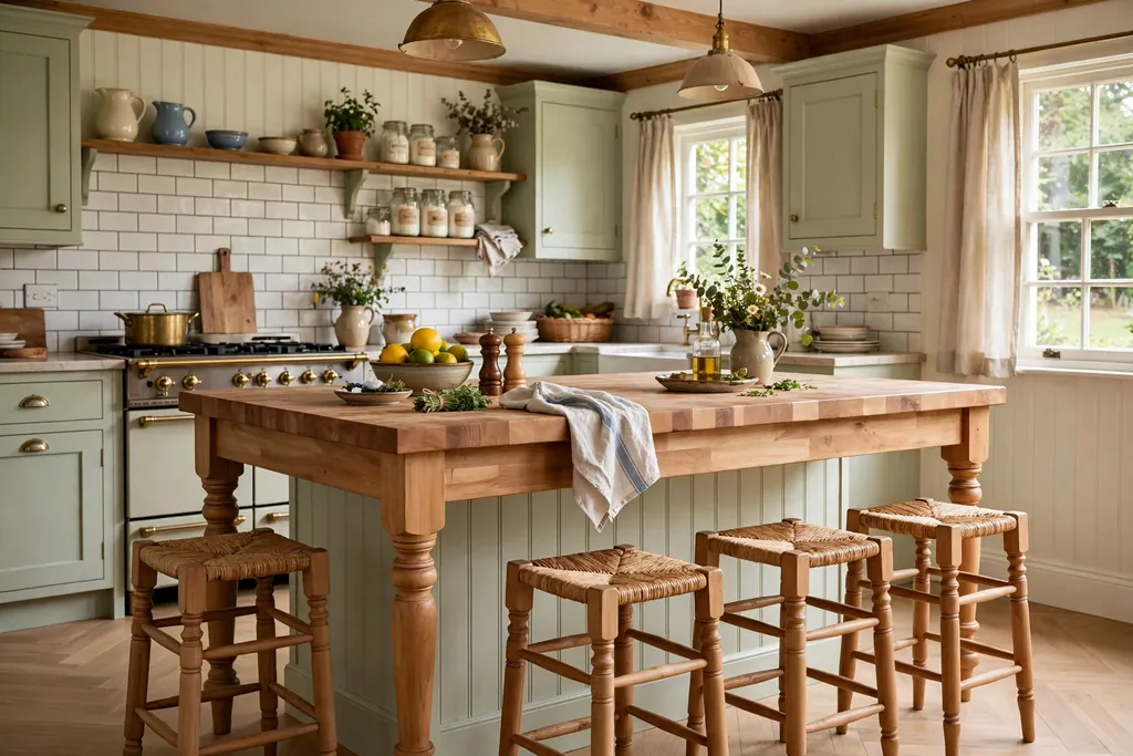 Butcher block island with turned legs and stools in a cottage kitchen.