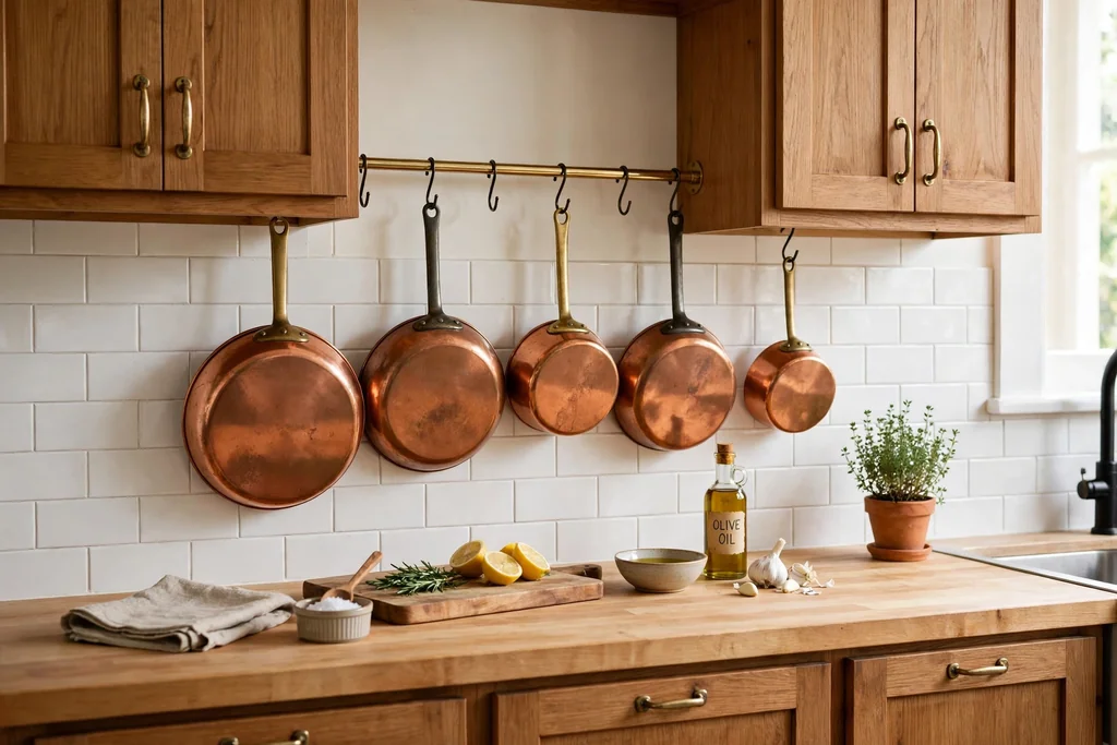 Copper pans hanging on a wall rail above a kitchen worktop.