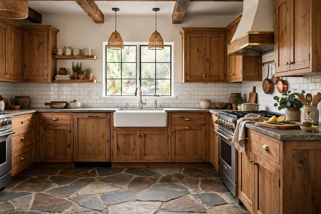 Kitchen with flagstone floor tiles, wood cabinets, and a farmhouse sink.