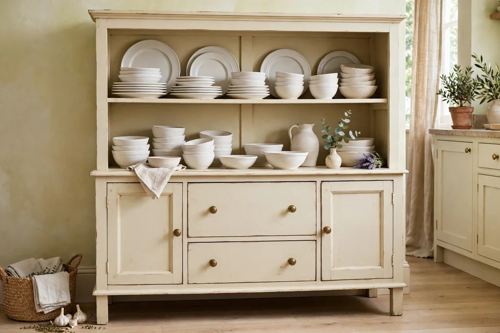 Freestanding painted kitchen dresser displaying white stoneware.