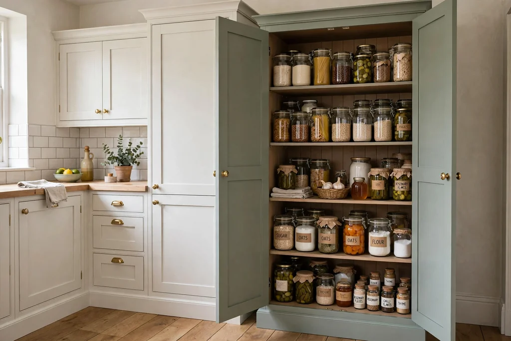 Tall freestanding painted larder cabinet beside kitchen cabinets.