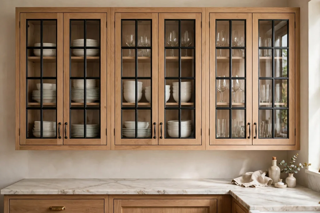 Mullioned glass front upper cabinets showing white dishes.