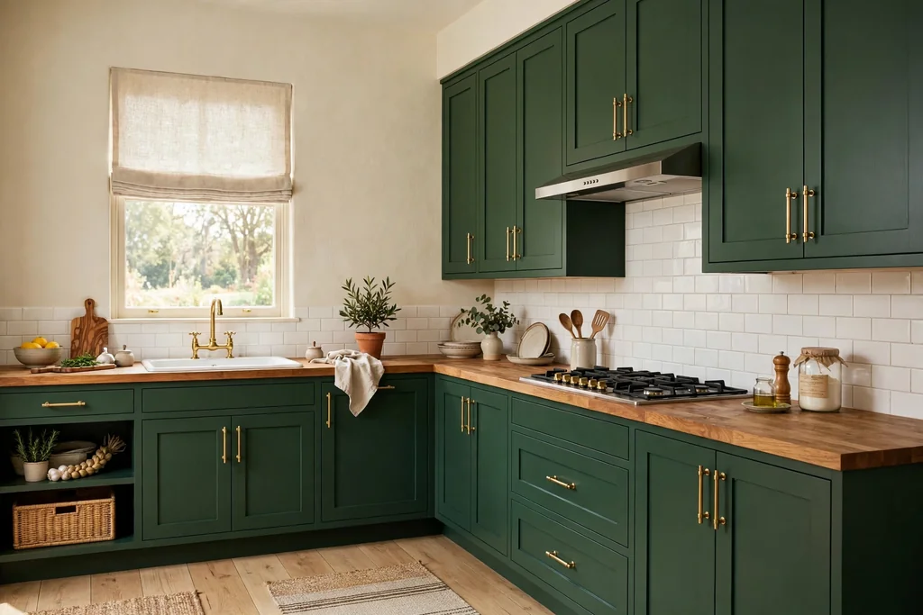 Kitchen with deep green Shaker cabinets, brass handles, and cream walls.