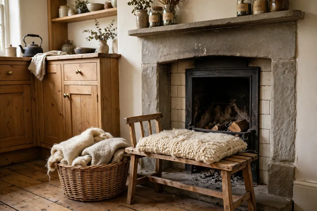 Small bench seat with a wool cushion beside a kitchen fireplace.