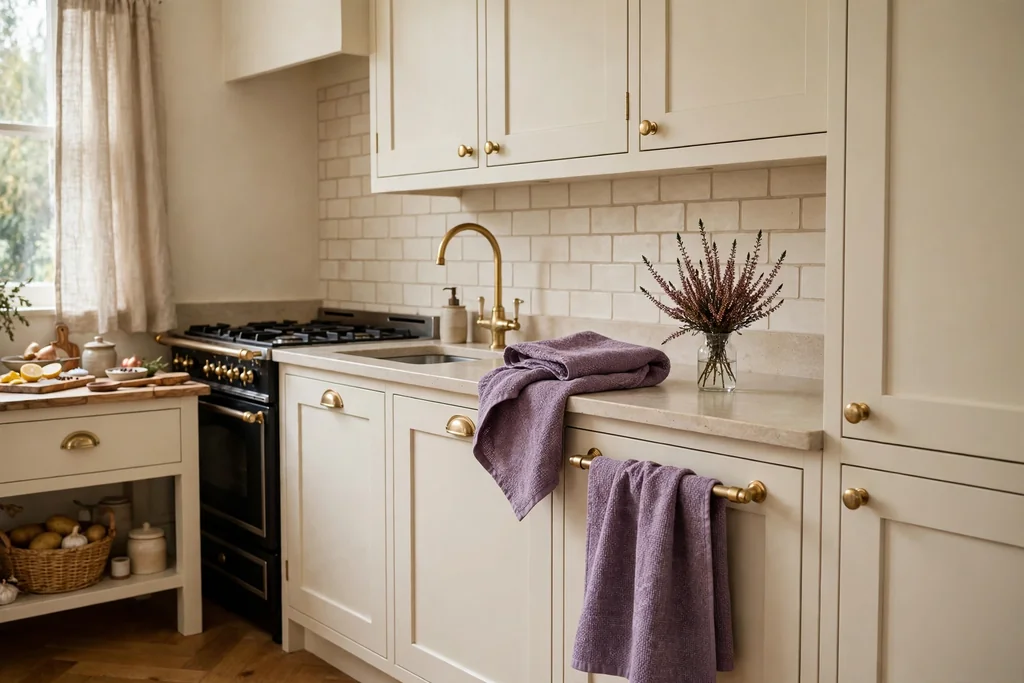 Kitchen with heather purple towels and a small vase of dried stems.