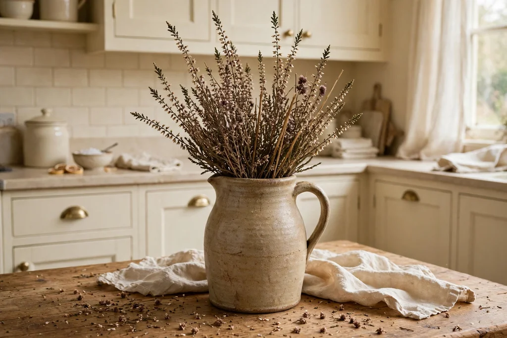 Dried heather stems in a stoneware jug on a kitchen table.