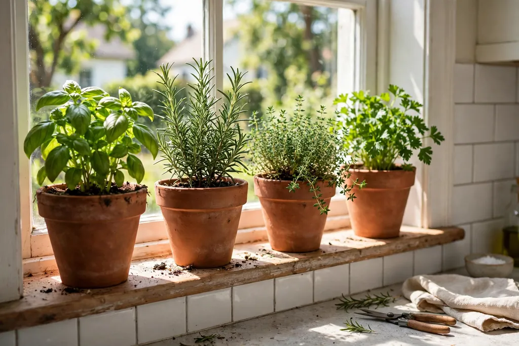 Herbs in terracotta pots on a sunny kitchen windowsill.