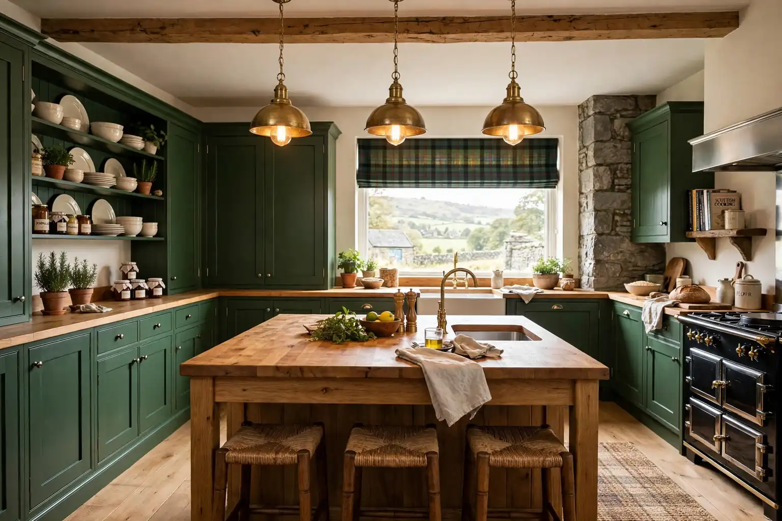 Wide Scottish kitchen with deep green cabinets, wood island, tartan window shade, and warm pendant light.