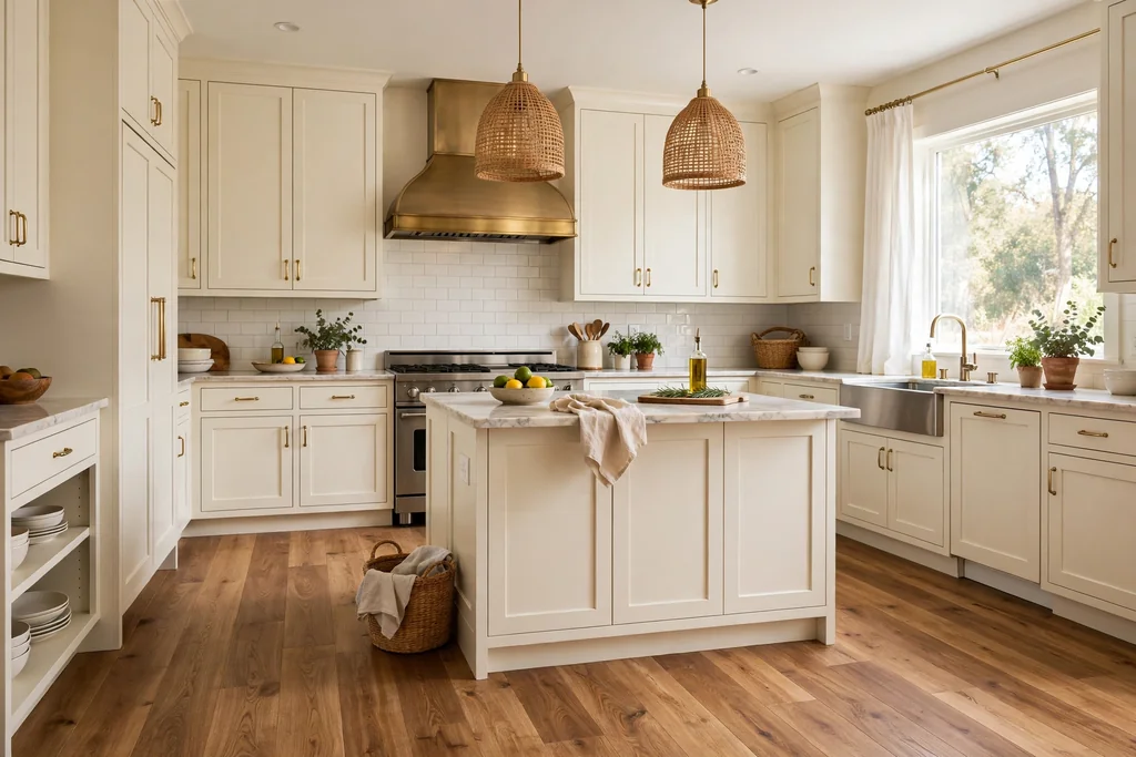 Kitchen with warm oak plank flooring and cream cabinets.