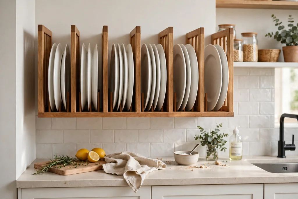 Plate rack above a kitchen counter with white plates standing upright.
