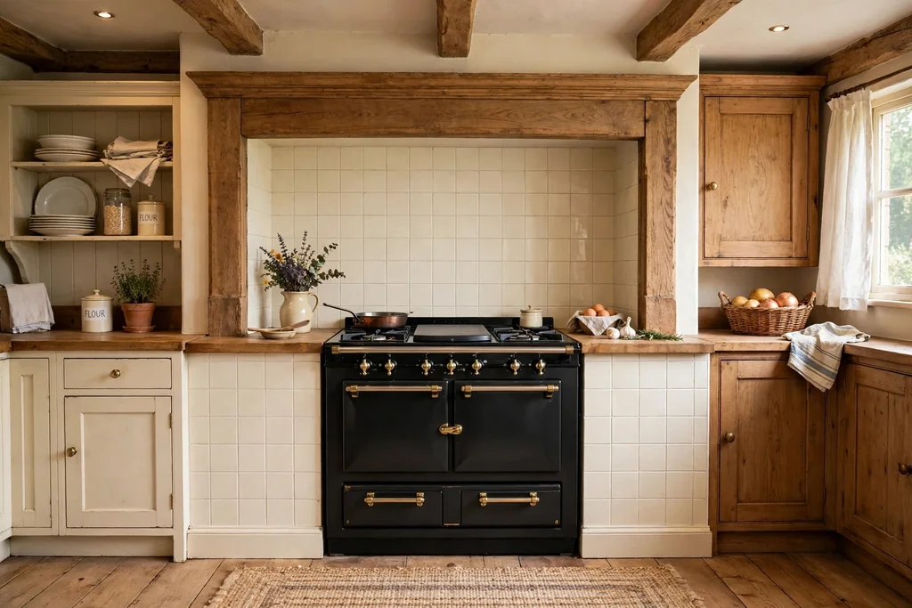 Range cooker in a wood mantel alcove with plain tile.