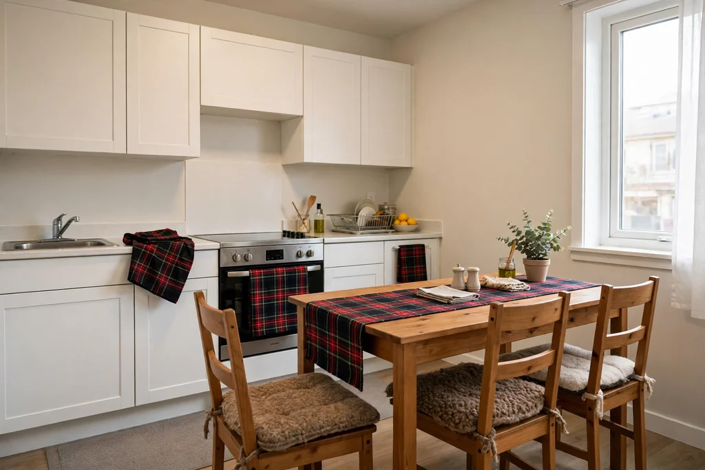 Rental kitchen dressed only in tartan and wool textiles, no paint changes.