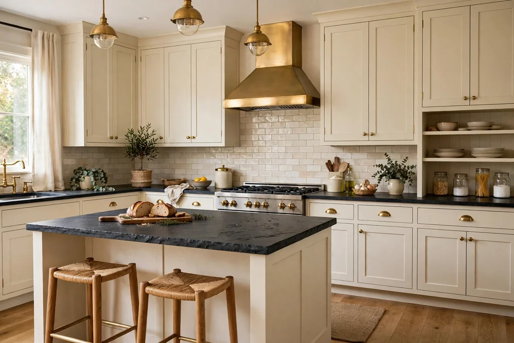 Kitchen with dark slate counters, cream cabinets, and brass hardware.