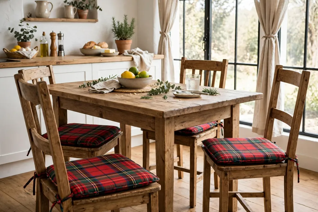 Dining chairs with tartan seat pads around a wood kitchen table.