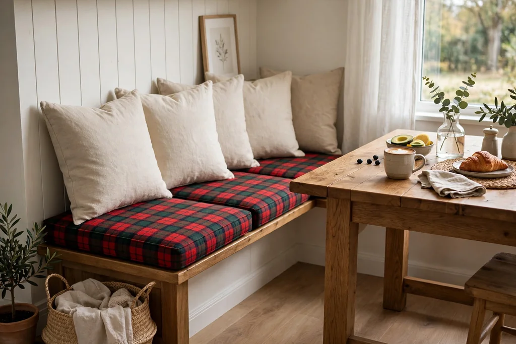 Breakfast nook bench with tartan seat cushions and plain back cushions.