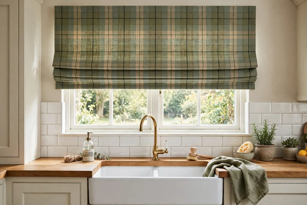 Kitchen window with a muted tartan Roman shade above a sink.