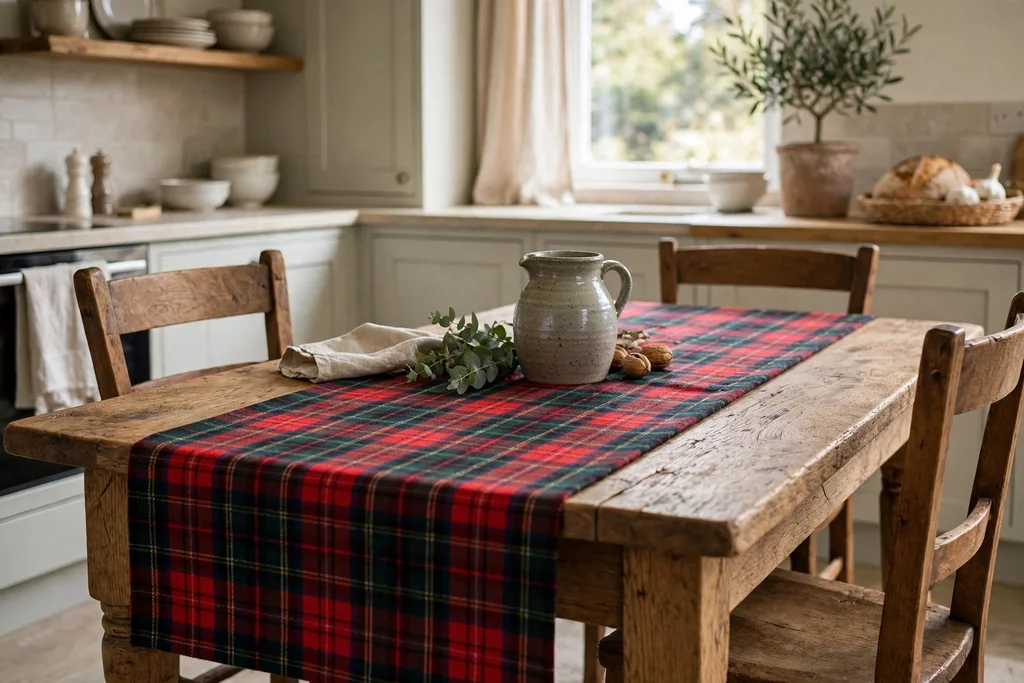 Kitchen table with a tartan runner and a small stoneware jug.
