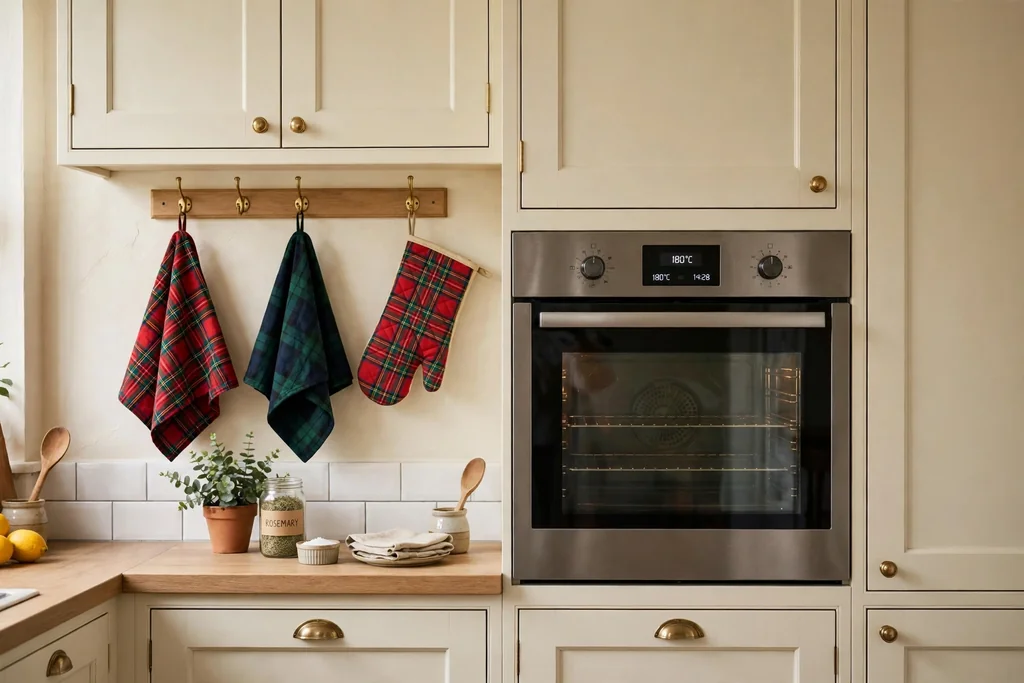 Tartan tea towels and oven glove hanging by a kitchen oven.