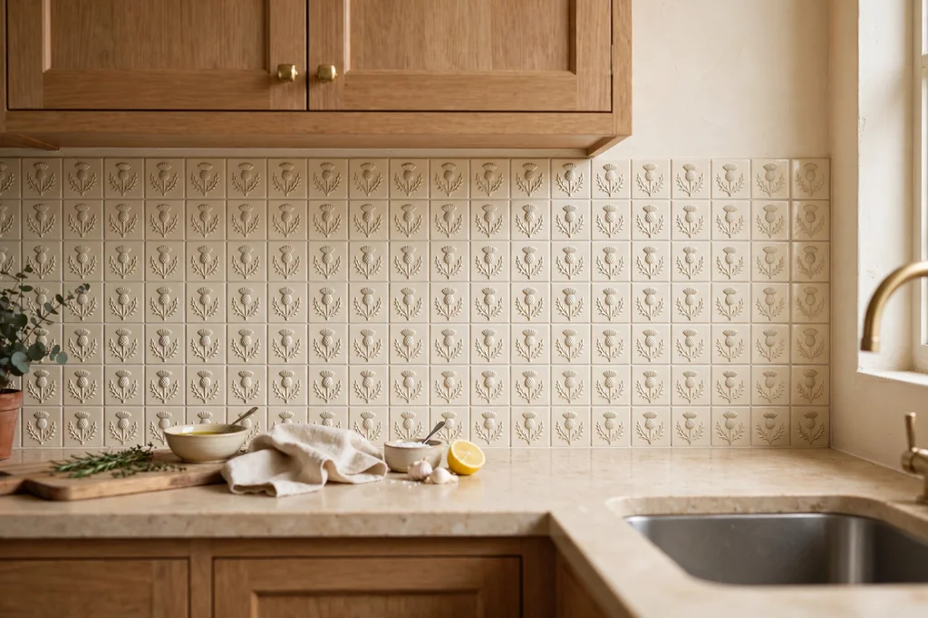 Kitchen backsplash with small thistle motif tiles above a counter.